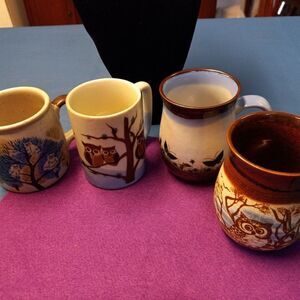 Earthenware coffee mugs (3 Owl,1 Butterfly) Countrycore Kitsch Cottagecore